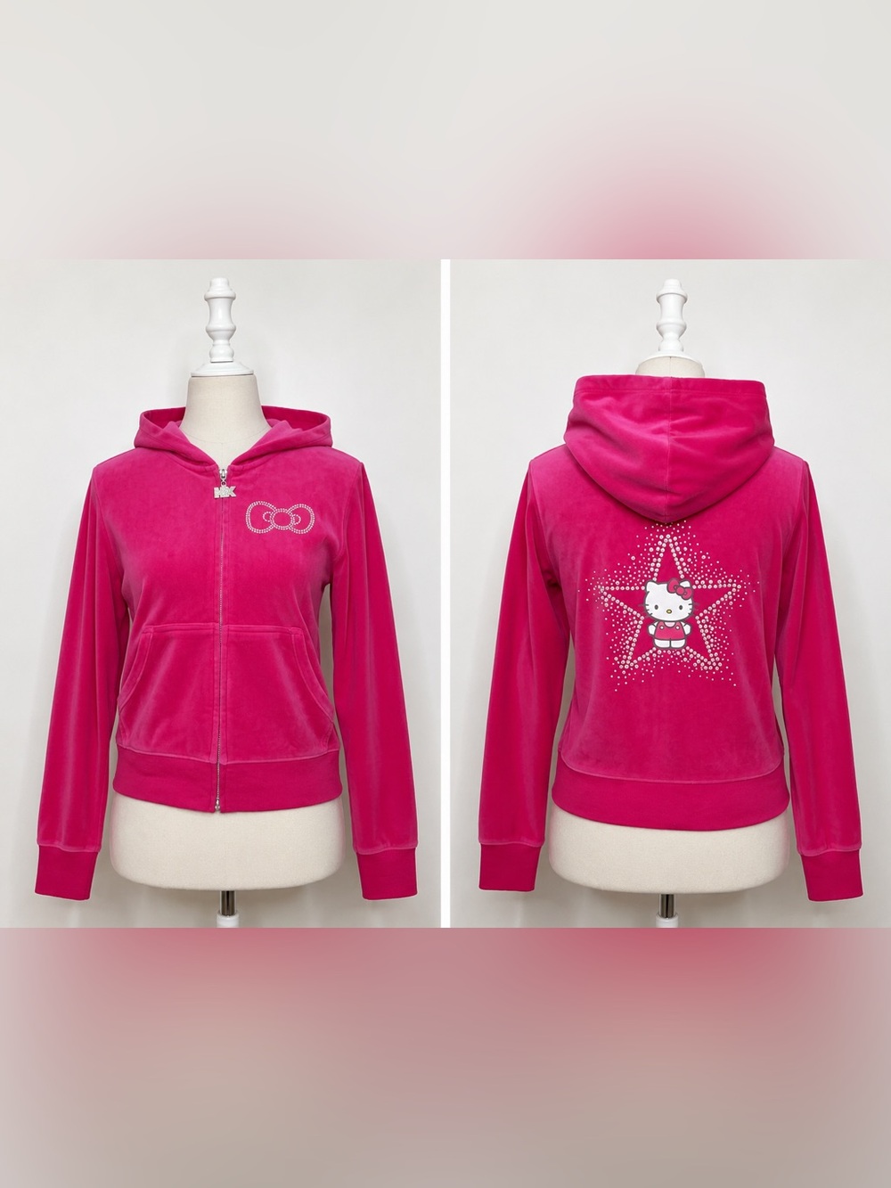 Hello Kitty x Sanrio Velour Zip Hoodie – Size Large – Pink Rhinestone Y2K